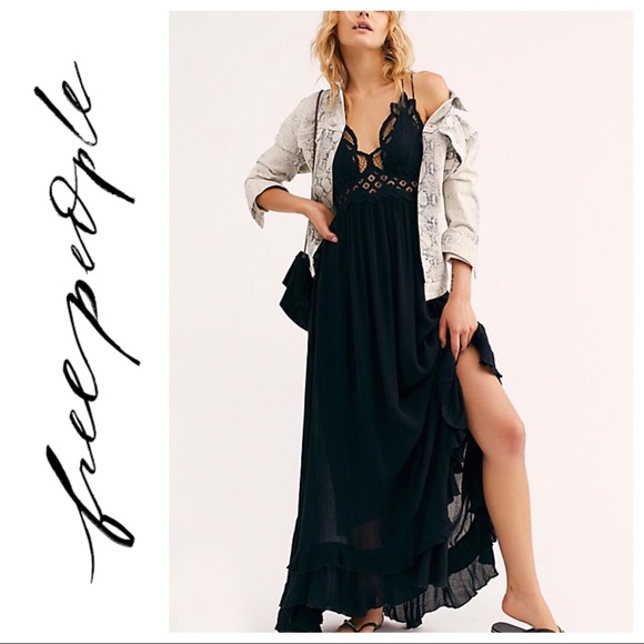 NWT $128 Free People Adela Lace Maxi Slip Black - Picture 6 of 8